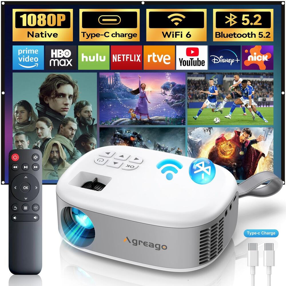 Movie Projector Native 1080P with WiFi 6, Bluetooth 5.2 (White Gray) (G3-1002)